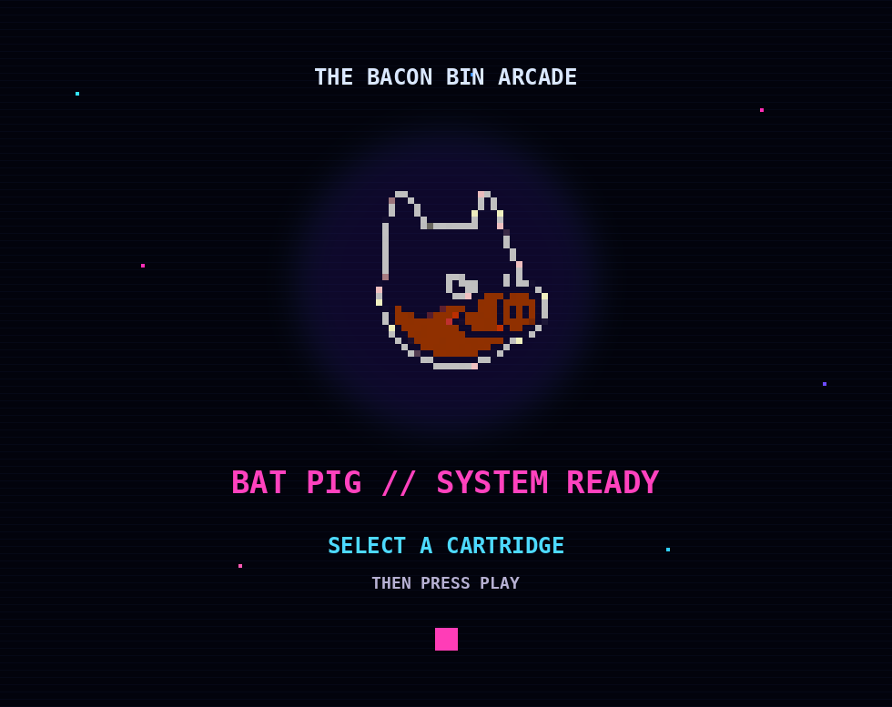 The Bacon Bin Arcade system ready. Select a cartridge.