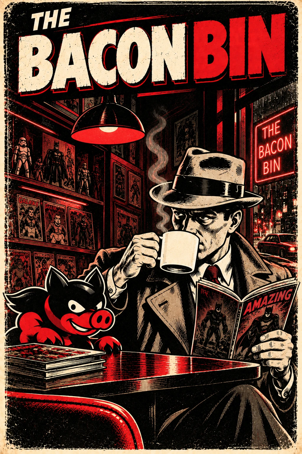 Vintage pulp-comic Bacon Bin detective drinking coffee in a collectibles shop
